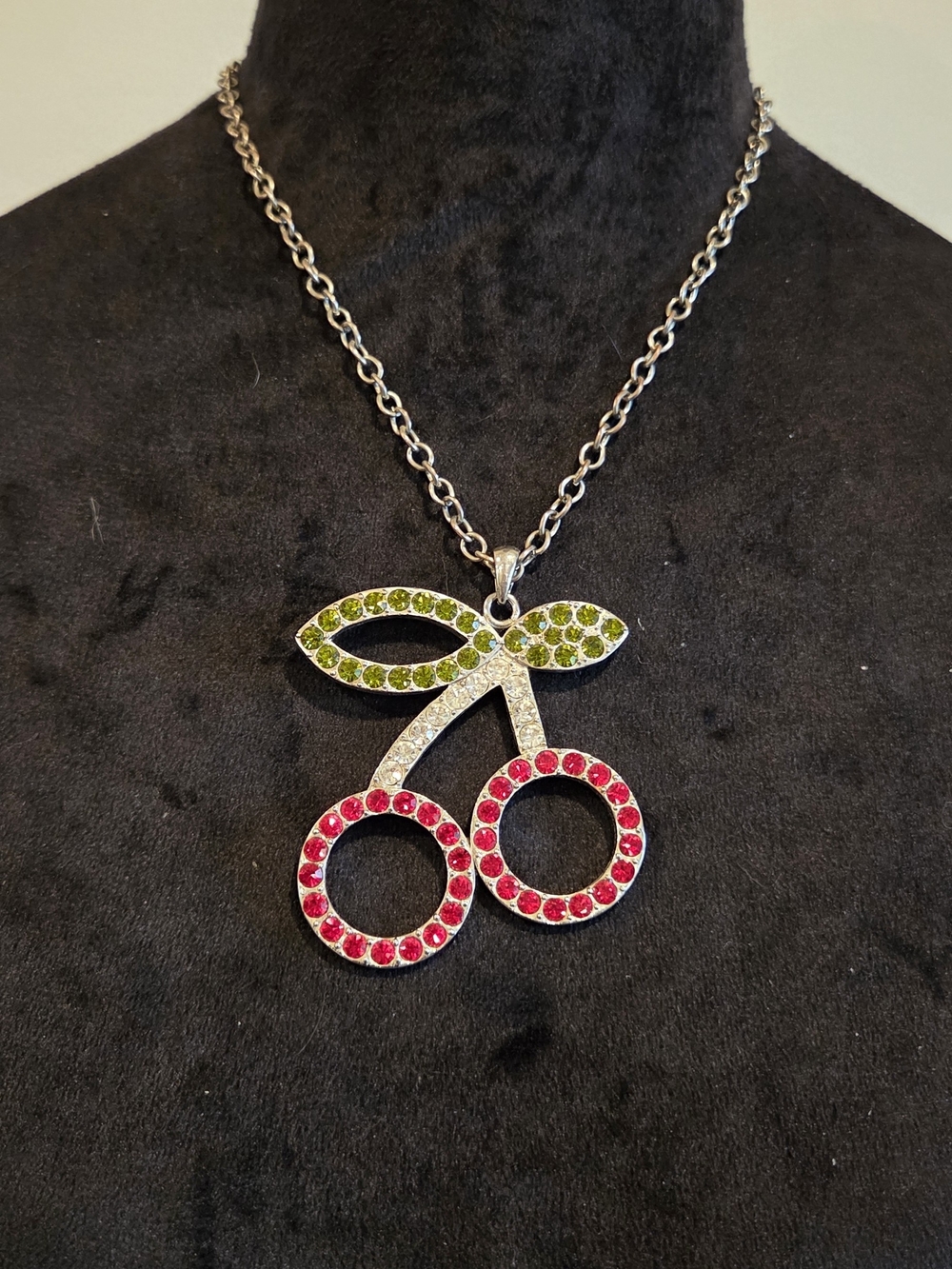 Silver Cherry Pendant Necklace with Pink and Green Crystals